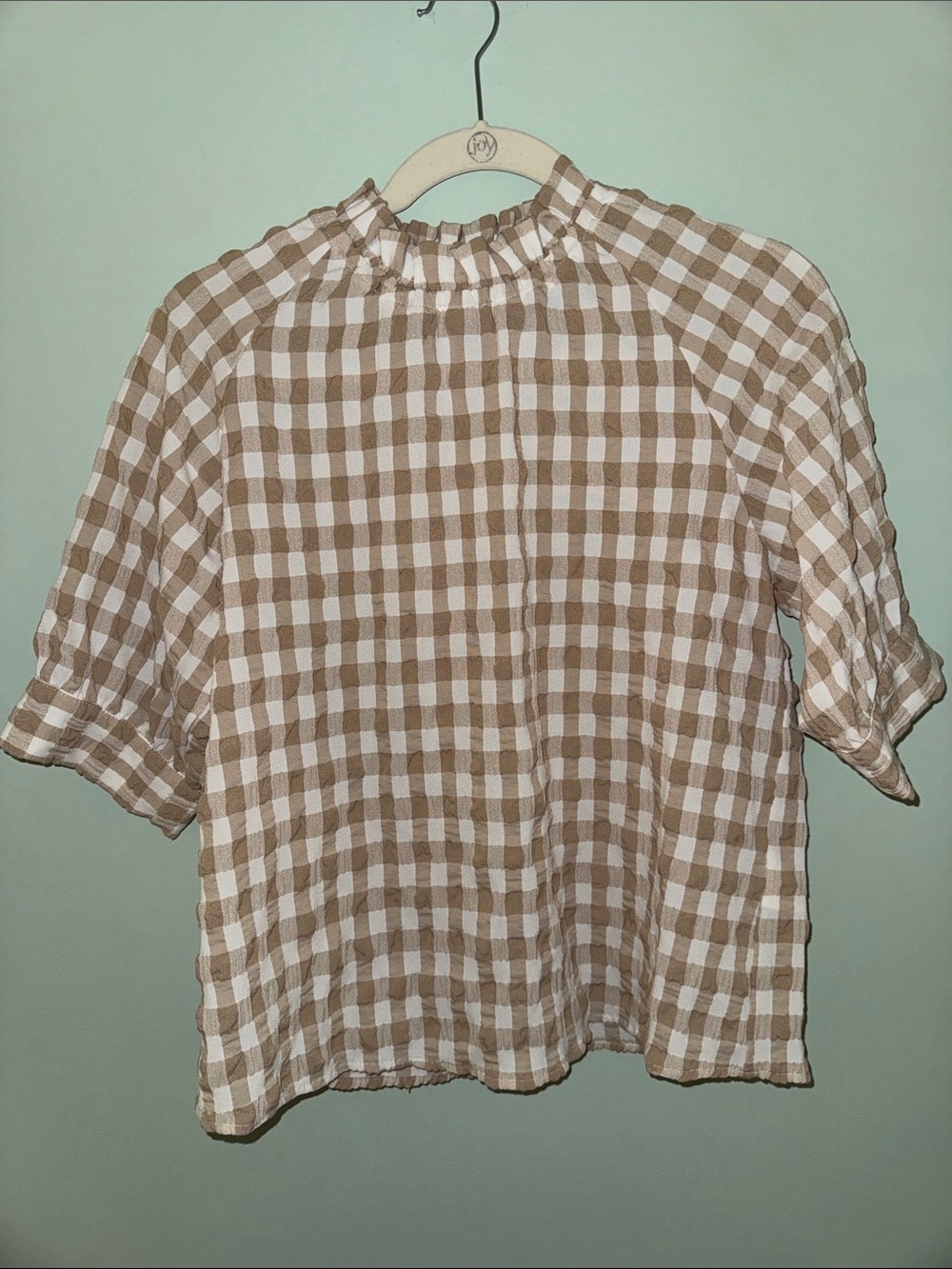 Vero Moda Beige and White Gingham Short Sleeve Blouse